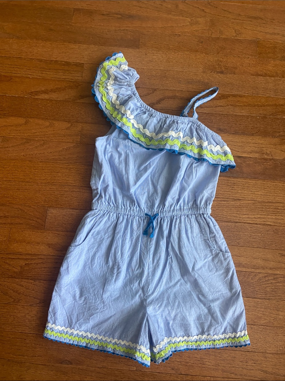 Mini Boden Light Blue One-Shoulder Romper with Blue, White and Yellow Rickrack